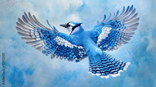 A vibrant blue jay in mid-flight against a soft blue background. photo