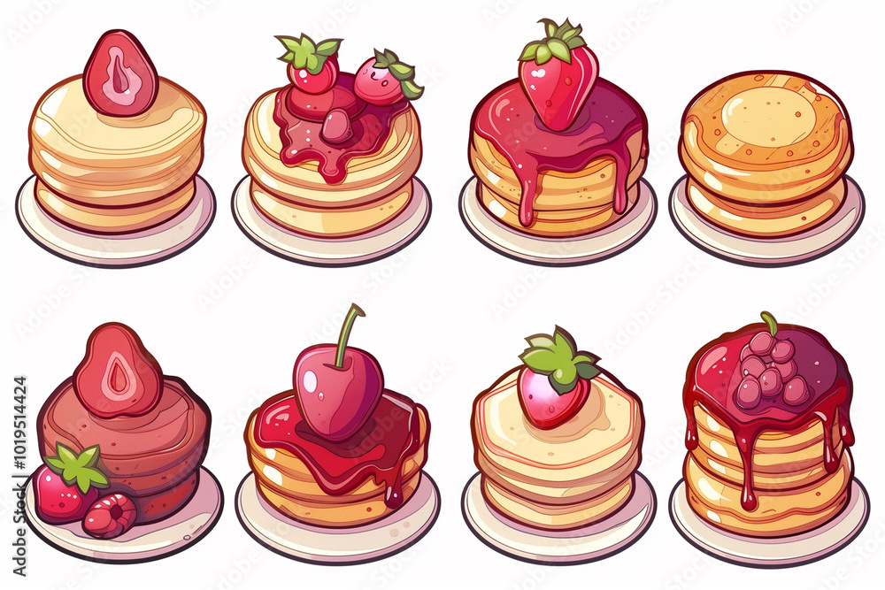 A set of adorable pancake illustrations features stackable pancakes and various toppings. These dessert clipart are isolated on a white background, perfect for adding charm to any design. A set of adorable pancake illustrations features stackable pancakes and various toppings. These dessert clipart are isolated on a white background, perfect for adding charm to any design.