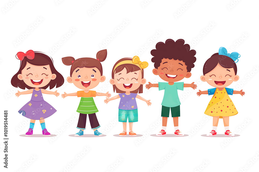 A group of cheerful children, standing together, smile brightly and express joy, isolated on a white background, highlighting their playful and youthful energy.