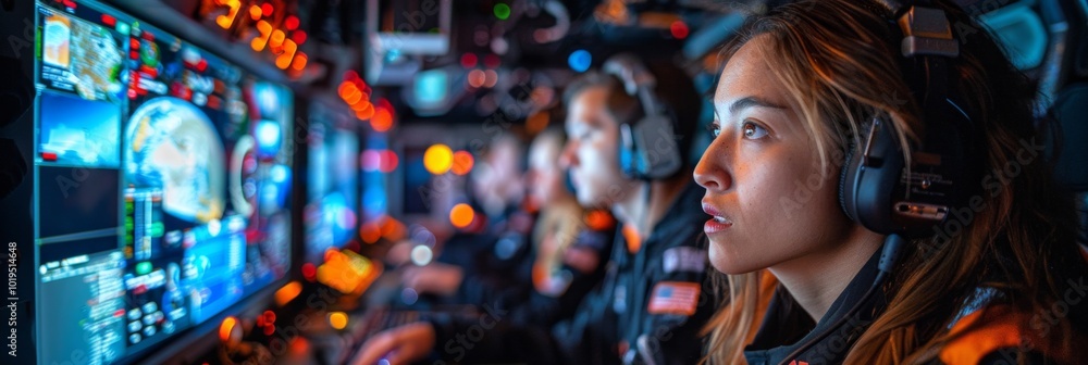 Woman in a dark room with headphones on looking intently at a computer screen with data displayed. AI generative. Woman in a dark room with headphones on looking intently at a computer screen with data displayed. AI generative.