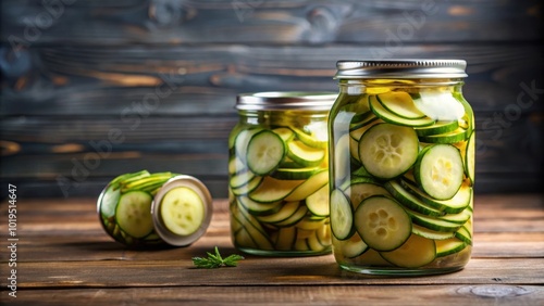 Two small glass jars of homemade canned sliced zucchini , zucchini, canned, homemade, preservation, food, vegetables, glass