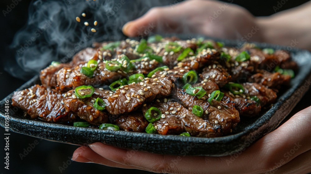 Steaming Hot Korean BBQ Beef with Sesame Seeds and Green Onions Steaming Hot Korean BBQ Beef with Sesame Seeds and Green Onions