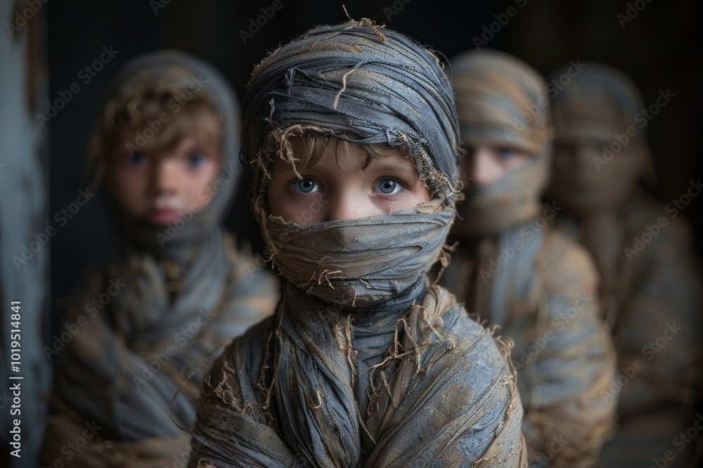 A child with blue eyes stares out from behind a tattered bandage, the remnants of other children are visible behind. AI generative. A child with blue eyes stares out from behind a tattered bandage, the remnants of other children are visible behind. AI generative.