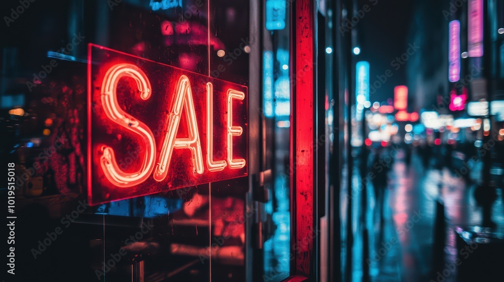 Neon SALE Sign. Bright neon sign reading 'SALE' in a storefront window, with reflections of a busy street at night. Neon SALE Sign. Bright neon sign reading 'SALE' in a storefront window, with reflections of a busy street at night.