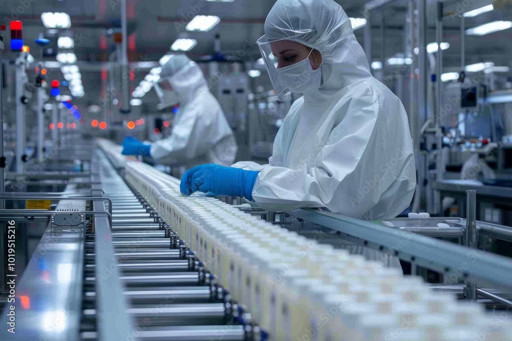 A worker in a white suit and blue gloves inspects a long line of products on a conveyor belt. AI generative. A worker in a white suit and blue gloves inspects a long line of products on a conveyor belt. AI generative.