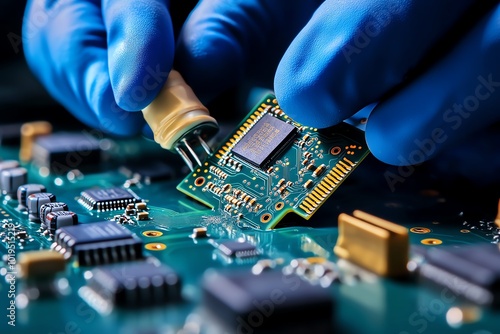 Realistic depiction of reverse engineering a complex circuit board, with engineers examining each chip and resistor to recreate the design