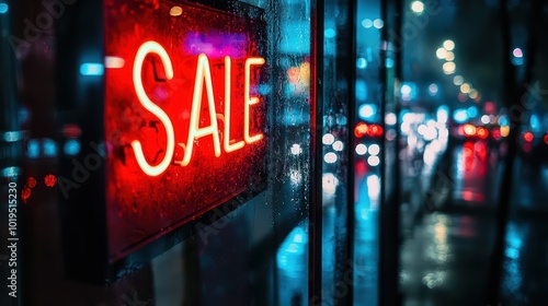 Neon SALE Sign. Bright neon sign reading 'SALE' in a storefront window, with reflections of a busy street at night.