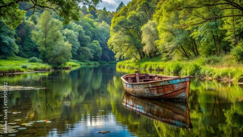 A weathered wooden boat rests gently on the tranquil surface of a calm river, its reflection mirroring the lush greenery of the surrounding forest.