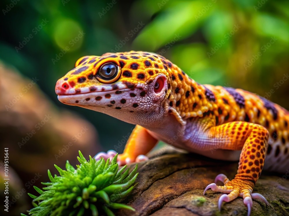 Fototapeta premium Vibrant West Indian Leopard Gecko on Natural Habitat Background Showcasing Unique Patterns and Colors