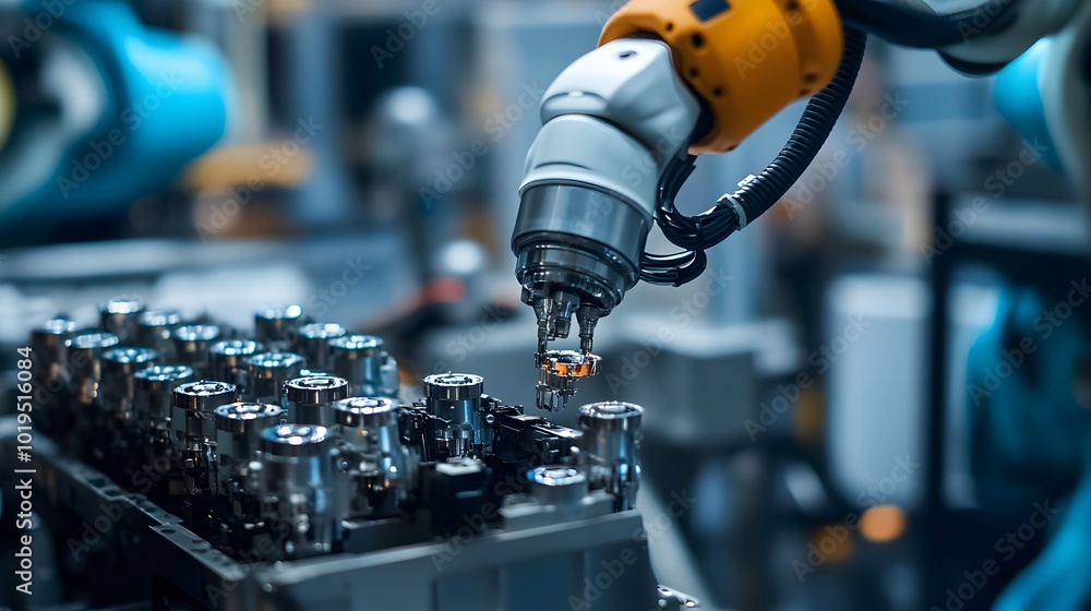 Industrial Robotic Arm Performing Precision Metalworking Manufacturing Industrial Robotic Arm Performing Precision Metalworking Manufacturing