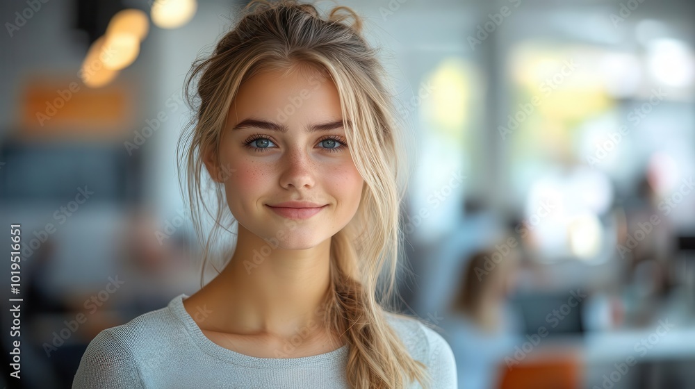 brightly lit modern coworking space features a young european businesswoman with a confident smile she stands against a backdrop of creative designs embodying success and professionalism brightly lit modern coworking space features a young european businesswoman with a confident smile she stands against a backdrop of creative designs embodying success and professionalism