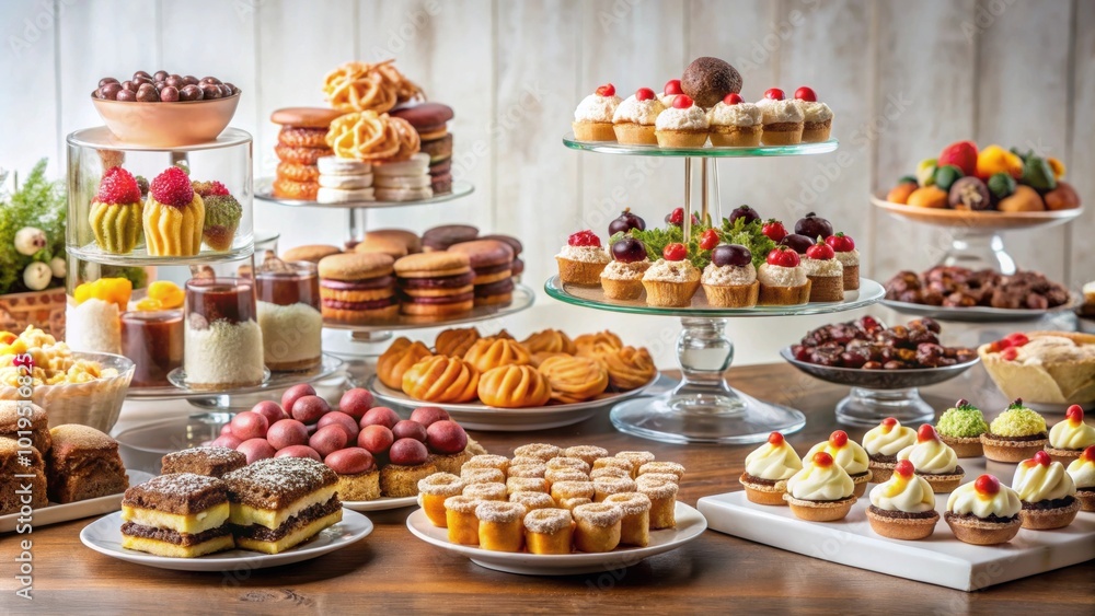 Assorted confectionery and desserts on a display table, confectionery, assortment, sweets, treats, candy, desserts Assorted confectionery and desserts on a display table, confectionery, assortment, sweets, treats, candy, desserts