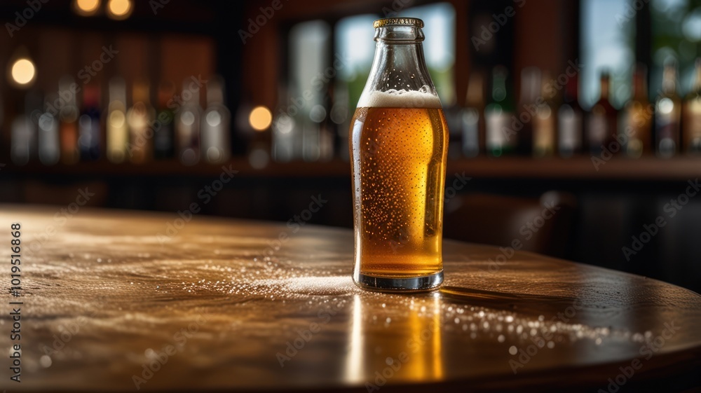 A bottle of beer on a wooden table in a bar with a blurred background. A bottle of beer on a wooden table in a bar with a blurred background.