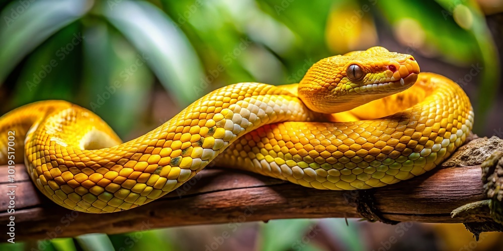 Fototapeta premium Vibrant Yellow Snake with Distinctive Spots Relaxing on a Branch in Its Natural Habitat