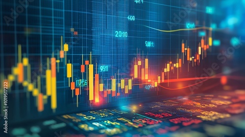 Financial data visualization with vibrant graphs and charts on a digital interface.