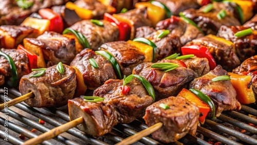 Close up of marinated beef skewers grilling, releasing tantalizing aromas, beef, skewers, marinated, grilling, barbecue