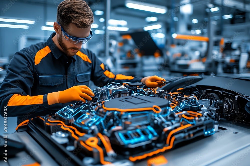 Realistic depiction of reverse engineering an automotive engine, with an engineer carefully analyzing each component laid out on a workbench
