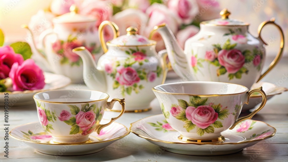 Elegant tea set with delicate porcelain cups adorned with blooming roses, Tea, time, elegance, delicate, porcelain, cups Elegant tea set with delicate porcelain cups adorned with blooming roses, Tea, time, elegance, delicate, porcelain, cups