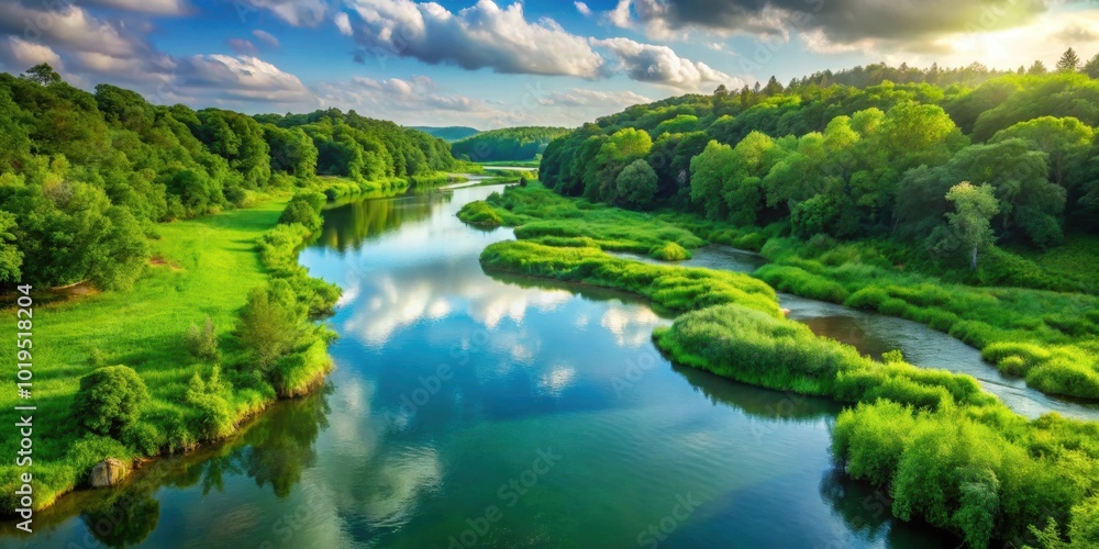 Serene river winding through lush green natural reserve, river, meander, vibrant, greenery, protected, natural reserve Serene river winding through lush green natural reserve, river, meander, vibrant, greenery, protected, natural reserve
