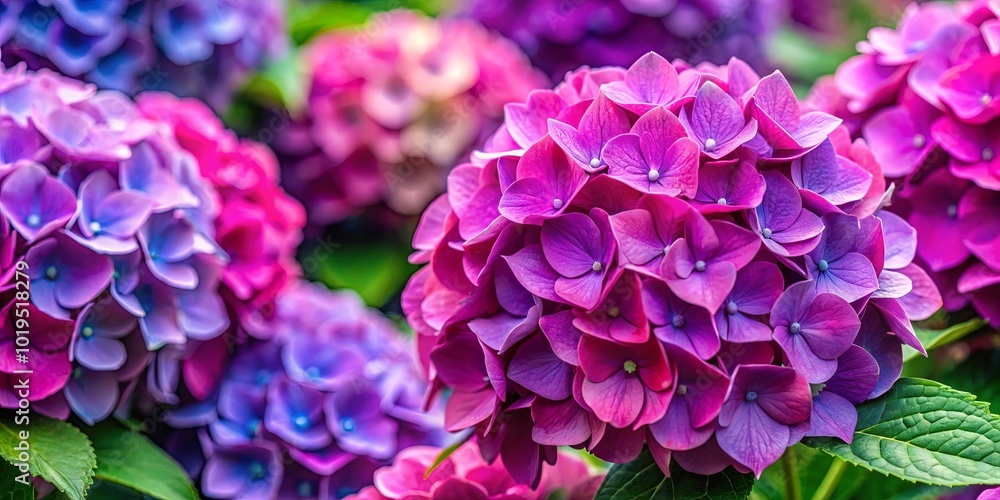 A vibrant hydrangea bloom bursts forth with shades of magenta and purple, surrounded by a soft-focus backdrop of similar flowers in a tapestry of color. A vibrant hydrangea bloom bursts forth with shades of magenta and purple, surrounded by a soft-focus backdrop of similar flowers in a tapestry of color.