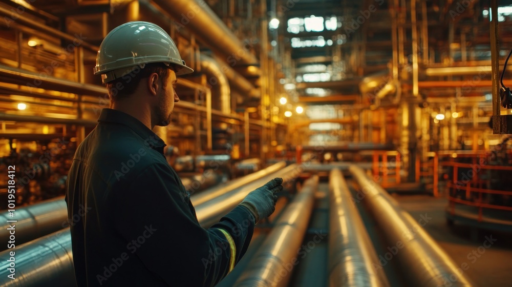 Industrial Worker Inspecting Pipes in a Factory Industrial Worker Inspecting Pipes in a Factory