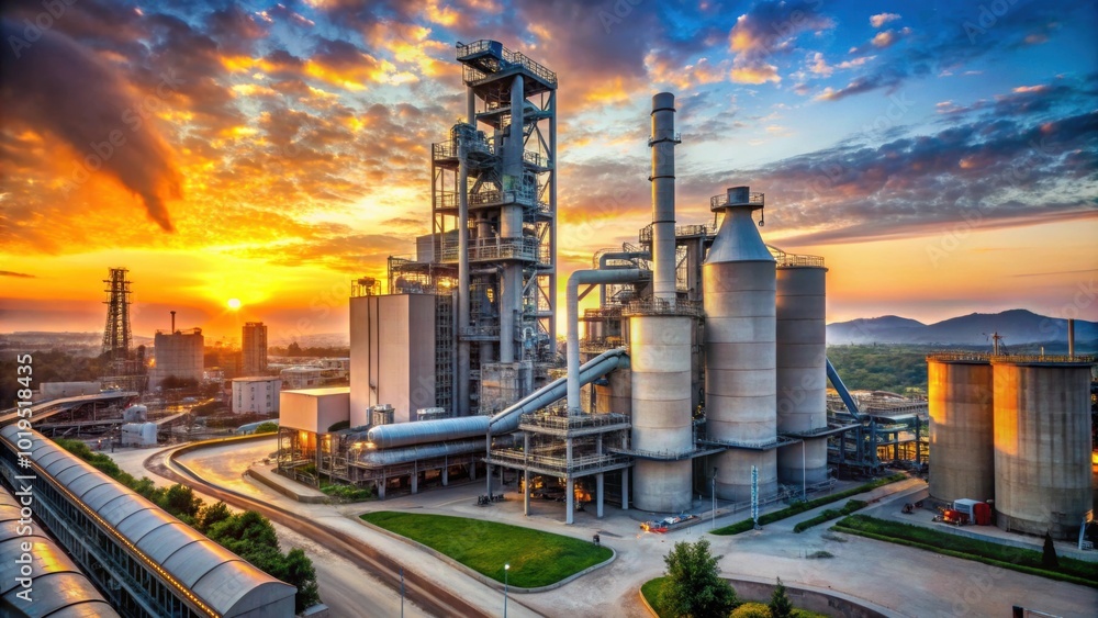 Cement production facility with carbon capture technology against a sunset backdrop, cement, production Cement production facility with carbon capture technology against a sunset backdrop, cement, production