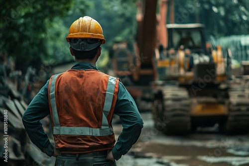 Construction Worker Standing Before Heavy Machinery