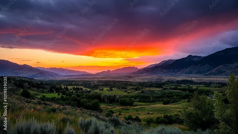 A breathtaking sunset over a valley in Wyoming, with a backdrop of the majestic Rocky Mountains A breathtaking sunset over a valley in Wyoming, with a backdrop of the majestic Rocky Mountains