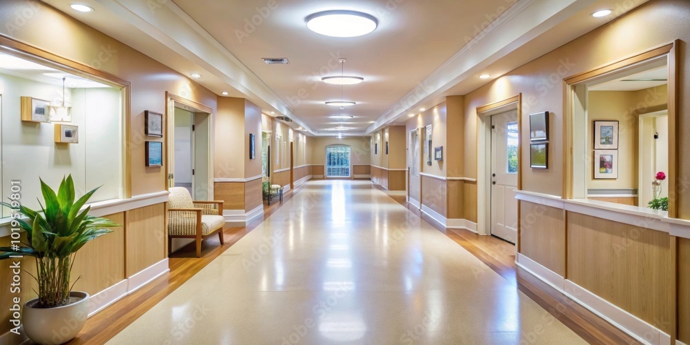 Well-lit and neat corridor in a nursing home setting , nursing home, well-lit, corridor, neat, retirement, elderly Well-lit and neat corridor in a nursing home setting , nursing home, well-lit, corridor, neat, retirement, elderly