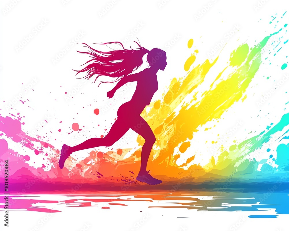 Running woman silhouette with colorful splash background. Running woman silhouette with colorful splash background.