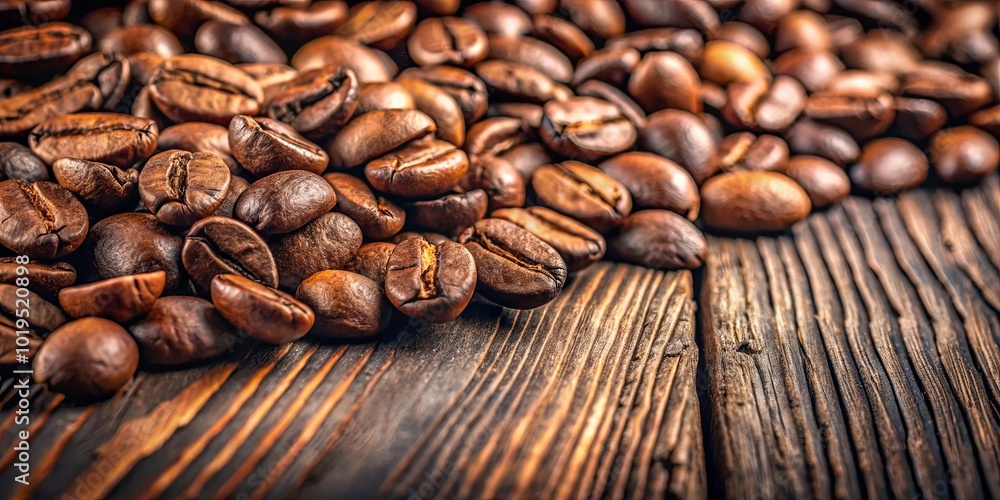 A Close-Up View of Roasted Coffee Beans Scattered on a Rustic Wooden Surface A Close-Up View of Roasted Coffee Beans Scattered on a Rustic Wooden Surface