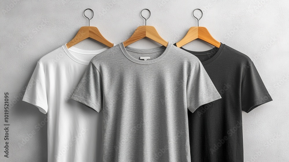 Minimalist Display of Three Plain T-Shirts on Wooden Hangers Against a Light Gray Wall, Featuring Soft Lighting and Natural Shadows for a Clean Aesthetic Minimalist Display of Three Plain T-Shirts on Wooden Hangers Against a Light Gray Wall, Featuring Soft Lighting and Natural Shadows for a Clean Aesthetic