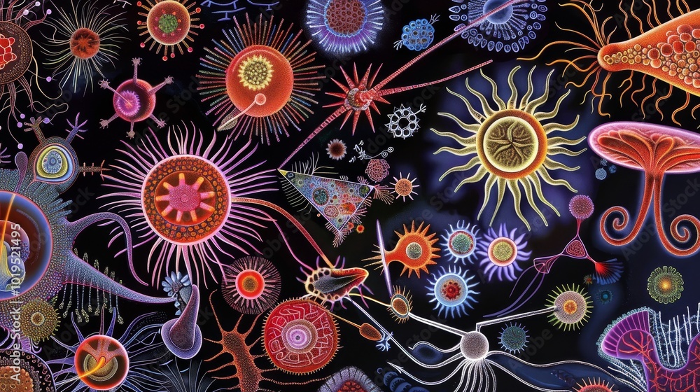 Ancient microbes under microscope reveal intricate cellular structures, showcasing their mysterious and ancient nature, ideal for scientific and educational content. Ancient microbes under microscope reveal intricate cellular structures, showcasing their mysterious and ancient nature, ideal for scientific and educational content.