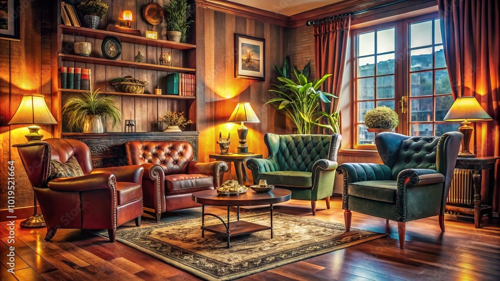 Naklejka premium Vintage Retro Armchairs in a Cozy Living Room Setting with Warm Lighting and Stylish Decor Elements