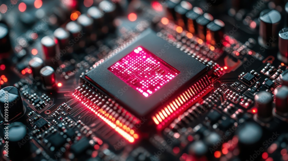 closeup view of a hightech processor glimmering under neon led lights highlighting intricate details and modern technology showcasing the core of digital innovation in a sleek vibrant manner closeup view of a hightech processor glimmering under neon led lights highlighting intricate details and modern technology showcasing the core of digital innovation in a sleek vibrant manner