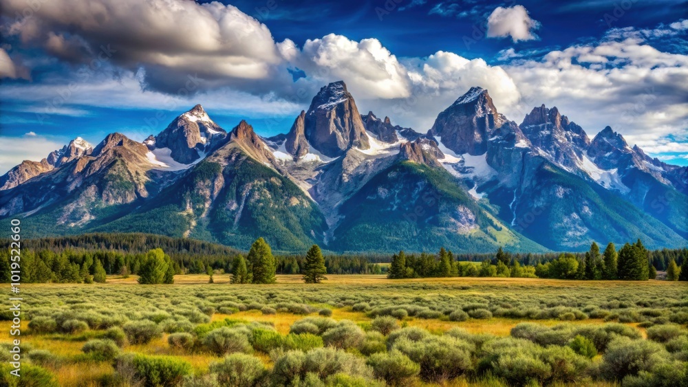 Fototapeta premium Majestic mountains in Grand Tetons National Park, Wyoming, scenic, rugged, peaks, landscape, nature, outdoors, wilderness