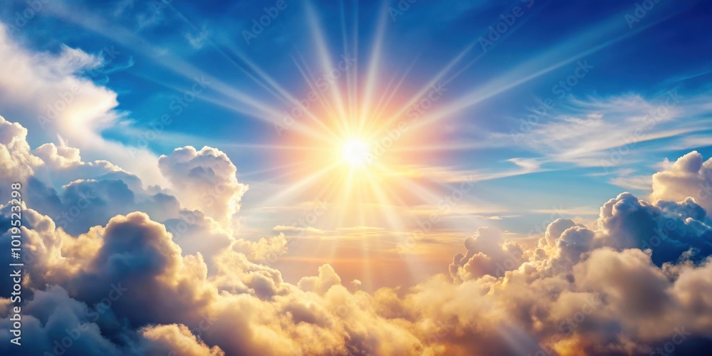 Background with fluffy clouds and bright sun shining through, creating a peaceful and serene atmosphere, clouds, sky, sunlight Background with fluffy clouds and bright sun shining through, creating a peaceful and serene atmosphere, clouds, sky, sunlight