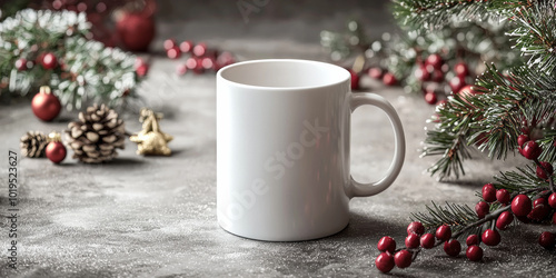 White mug mockup with Christmas decorations on the table, generative AI