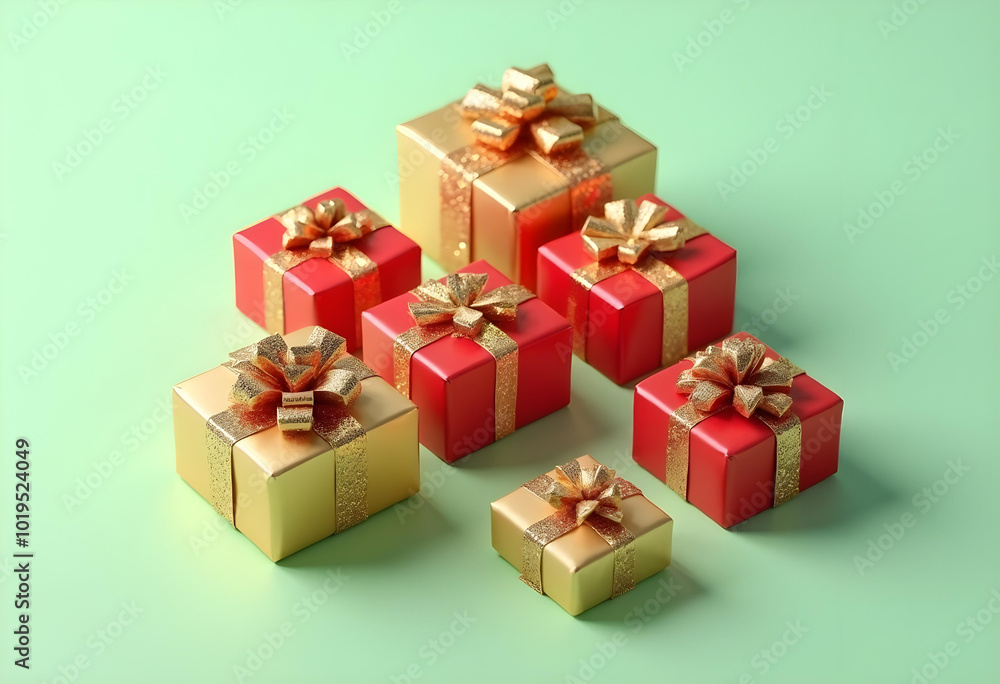 Brightly wrapped gift boxes in red and gold are arranged on soft green background, creating festive and cheerful atmosphere perfect for celebrations Brightly wrapped gift boxes in red and gold are arranged on soft green background, creating festive and cheerful atmosphere perfect for celebrations