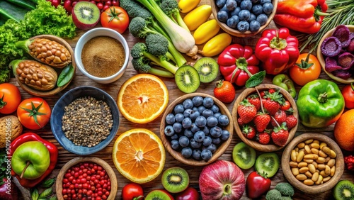 Assortment of colorful fruits, vegetables, and nuts known for their anti-aging properties, healthy, anti-aging, food