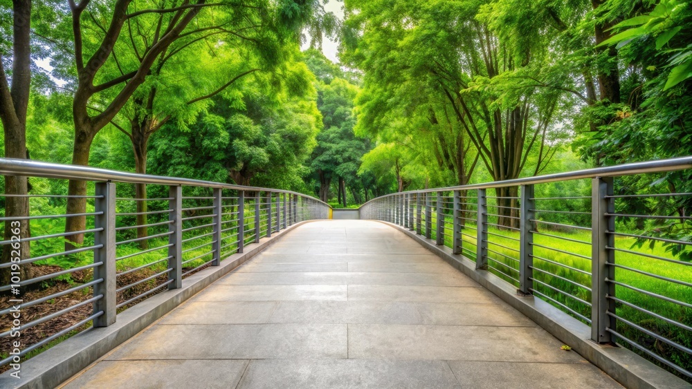 Fototapeta premium Wide concrete path with metal railing and green trees in background, path, concrete, metal railing, green trees, gray