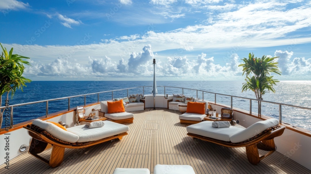 Fototapeta premium A luxurious yacht deck with comfortable loungers and a serene ocean view.