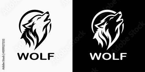 Dynamic wolf logo featuring a howling wolf in a minimalist style. Ideal for outdoor brands, sports teams, or businesses seeking a symbol of strength, leadership, and wild nature
