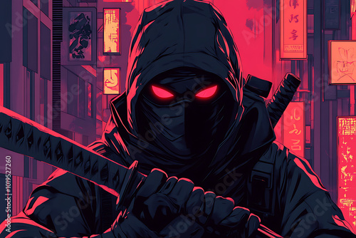 A mysterious figure in a hooded outfit holds a sword, set against a neon-lit urban backdrop. photo