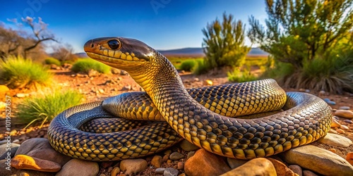 Western Taipan Coiled in Natural Habitat Amongst Desert Vegetation and Rocks in Australia’s Outback photo