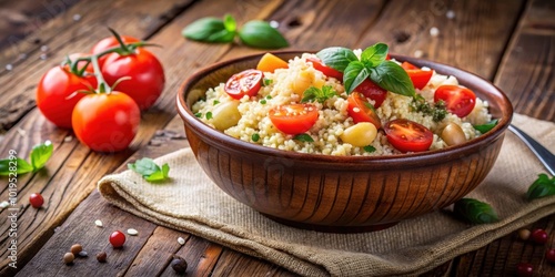 Freshly prepared couscous salad with tomatoes and basil in a rustic bowl, couscous, salad, tomatoes, basil photo