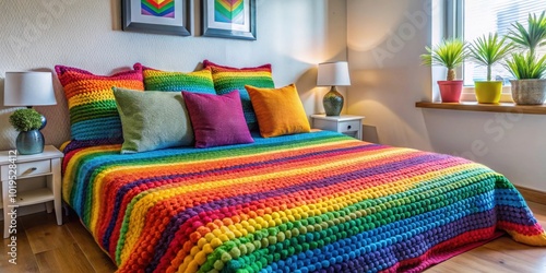 Cozy guest room with rainbowhued afghan and colorful throw pillows , rainbowhued, afghan, cozy, guest room photo