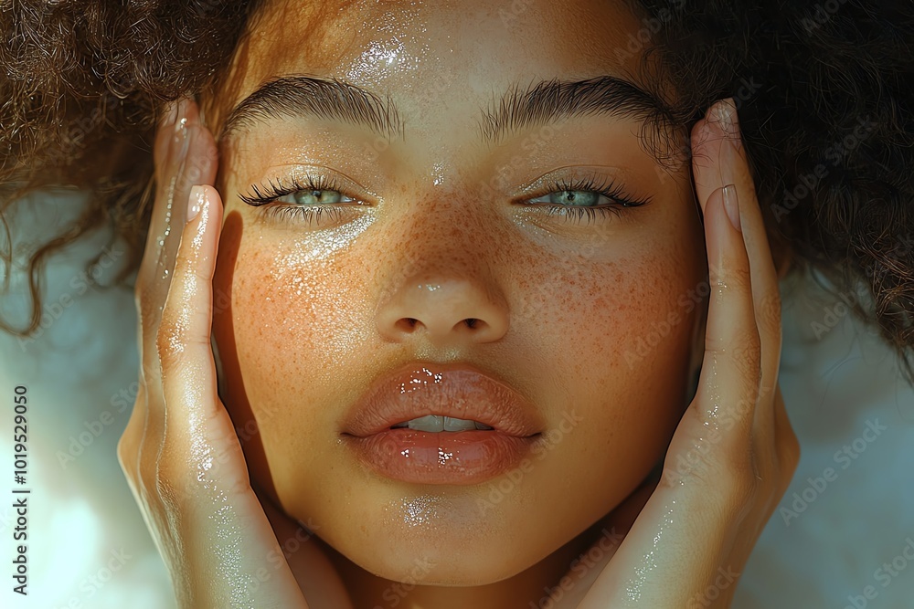 Naklejka premium A closeup camera view of a woman gently touching her face with both hands