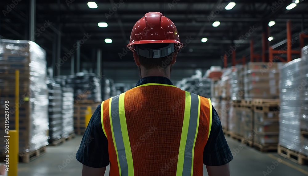 A Man in a Safety Vest Walking Through a Warehouse A Man in a Safety Vest Walking Through a Warehouse