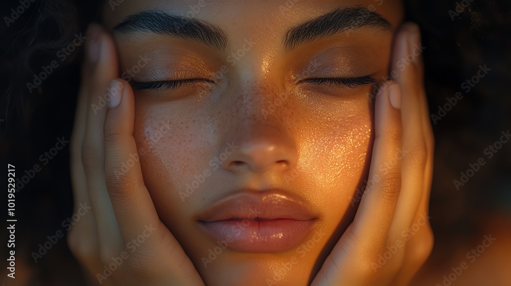 A focused closeup of a woman caressing her cheeks with both hands A focused closeup of a woman caressing her cheeks with both hands
